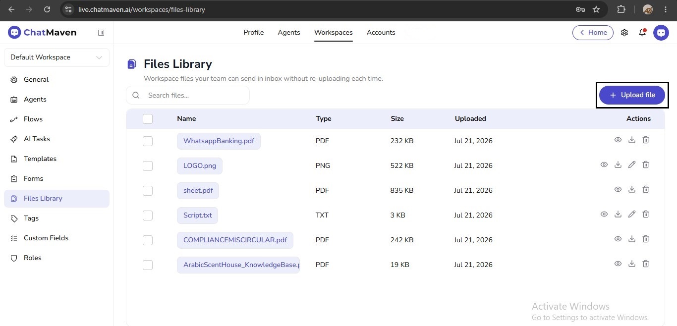 Upload file button on Files Library